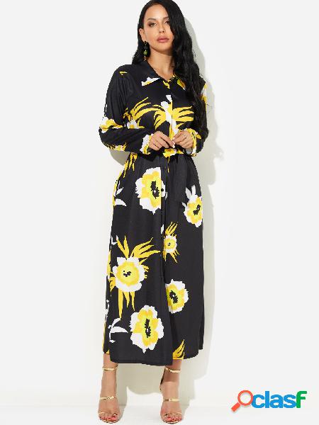 Black Self-tie Design Random Floral Print Classic Collar