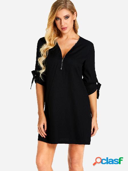 Black Self-tie Design Zipper Long Sleeves Mini Dress