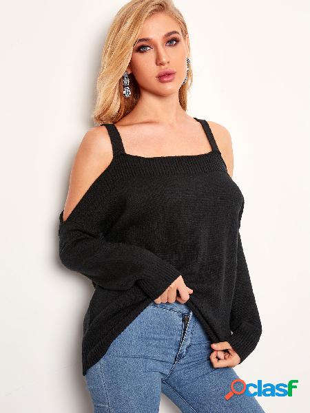 Black Spaghetti Strap Plain Cold Shoulder Long Sleeves