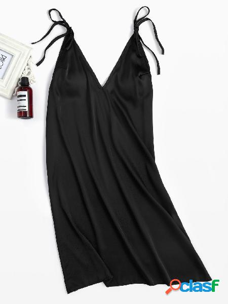 Black Spaghetti V-neck Self-tie Deisgn Pajamas Dress