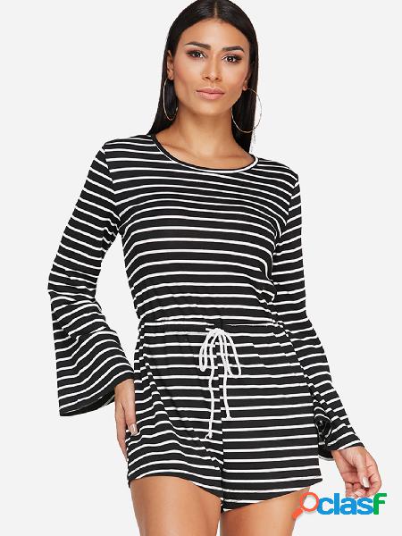 Black Stripe Round Neck Bell Sleeves Drawstring Waist