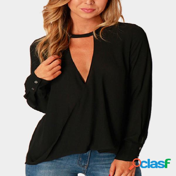 Black Wrap Front Deep V-neck Blouse