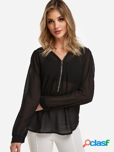 Black Zip Design Sheer V-neck Long Sleeves Sheer Blouses