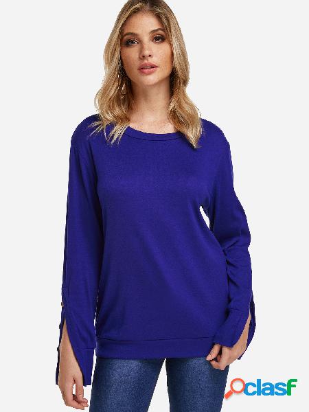 Blue Button Design Slit Details Crew Neck Long Sleeves