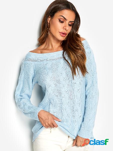 Blue Cable Knit Off The Shoulder Long Sleeves Sweater