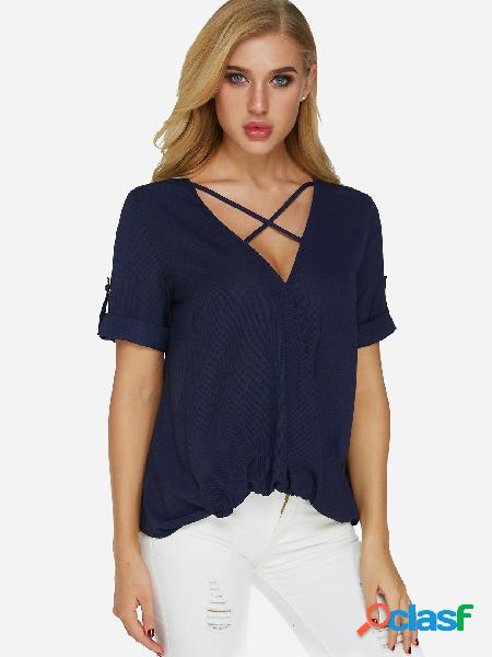 Blue Crossed Front Design Deep V Neck Short Sleeves Ruffle