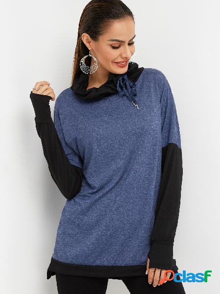 Blue Plain Long Sleeves T-shirts With Chimney Collar