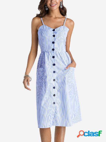 Blue Single Breasted Design Stripe Details Sleeveless Dress
