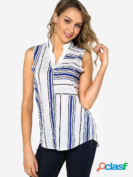 Blue Stripe Lapel Collar Sleeveless Camis & Vests