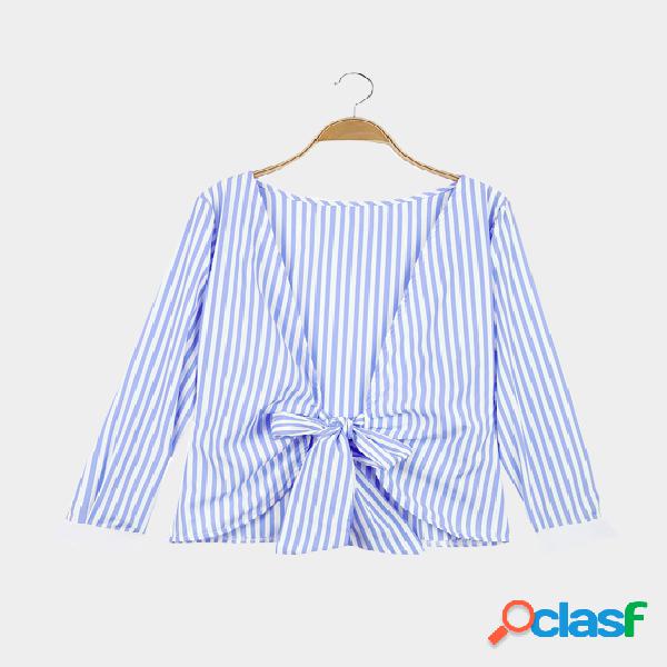 Blue Stripe Pattern Open Back Long Sleeves Top
