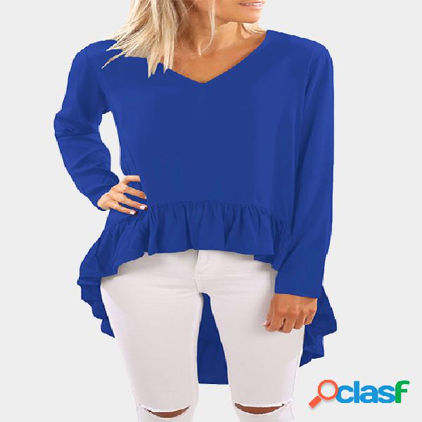 Blue V Neck Long Sleeves Flounced Hem Fashion Top