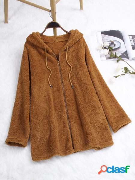Brown Zip Up Fluffy Faux Fur Hooded Coat