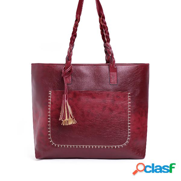 Burgundy Knitted Design Tassel Detail Shoulder Bag