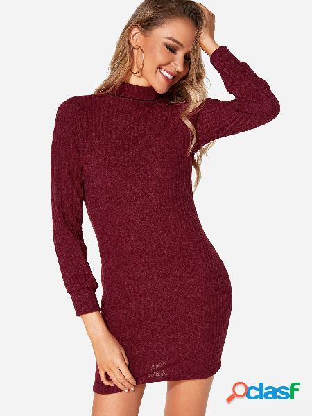 Burgundy Plain Turtleneck Long Sleeves Sweater Dress