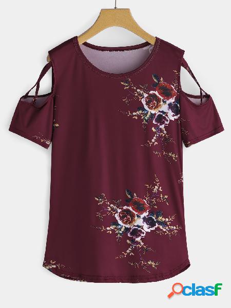 Burgundy Round Neck Cutout Cold Shoulder Floral Tee