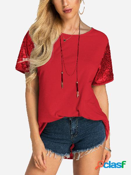 Burgundy Sequins Embellished Round Neck T-shirt