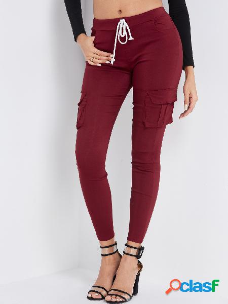 Burgundy Side Pockets Plain Drawstring Waist Skinny Cargo