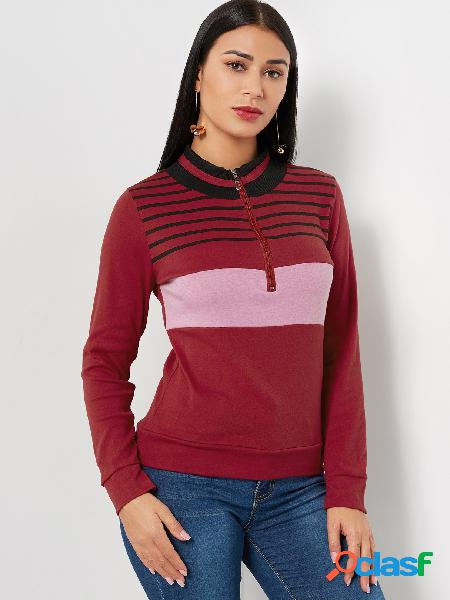 Burgundy Zipper Front Stripe Perkins Collar Long Sleeves