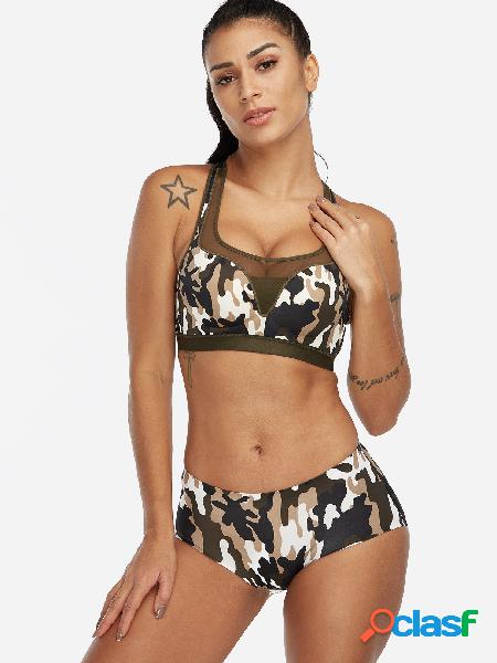 Camouflage Cut Out Detail See-through Front Scoop Neck