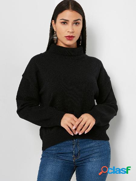 Casual Black Plain Roll Neck Long Sleeves Sweaters