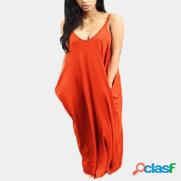 Casual V-neck Sleevesless Side Pockets Maxi Dress in Orange