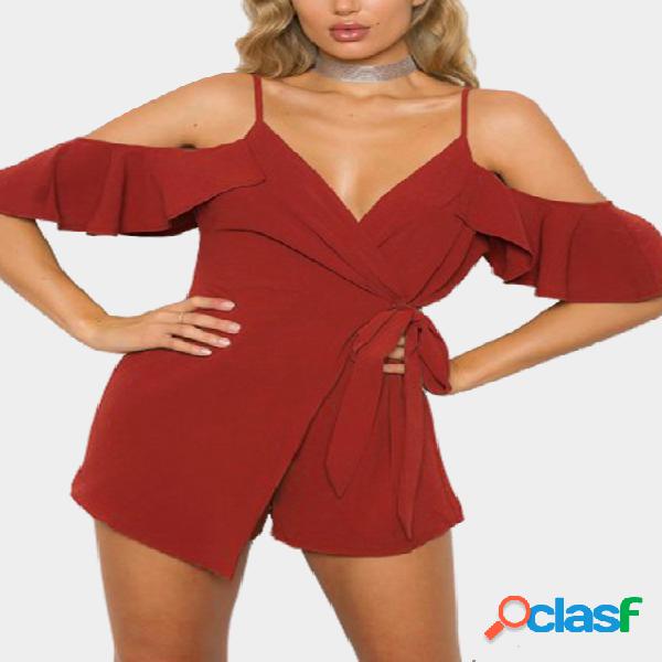 Cold Shoulder Wrap Playsuit in Burnt Orange