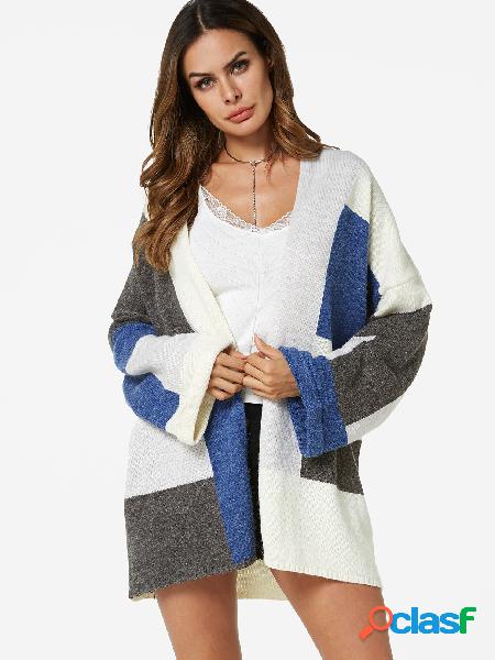 Color Block Open Front Long Sleeves Wool Blend Coat