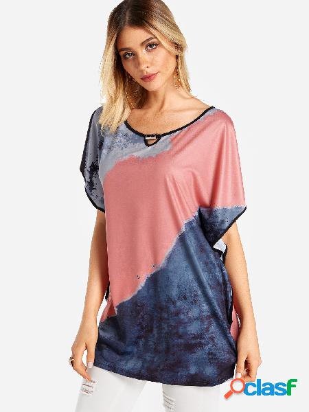 Color Block Round Neck Bat Sleeves T-shirt