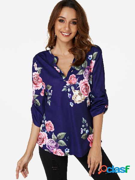 Dark Blue Button Design Random Floral Print V-neck Shirt