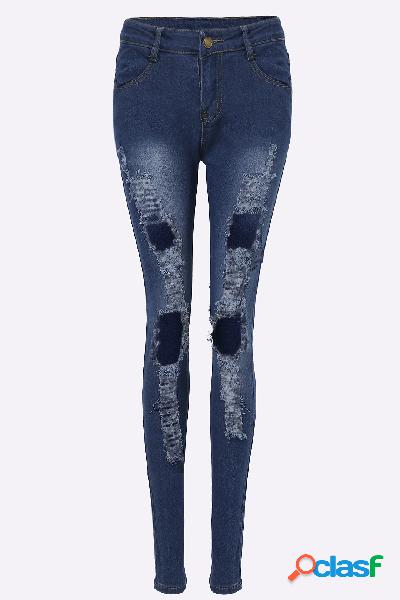 Dark Blue High-waist Elastic Ripped Jean