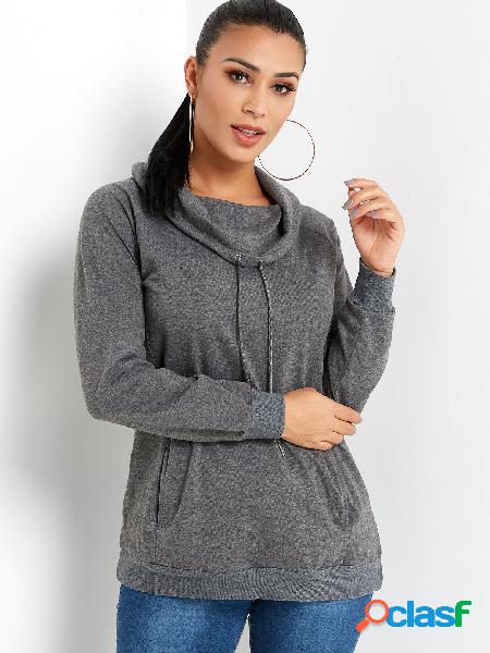 Dark Grey High Neck Long Sleeves Side Pocket Sweatshirt