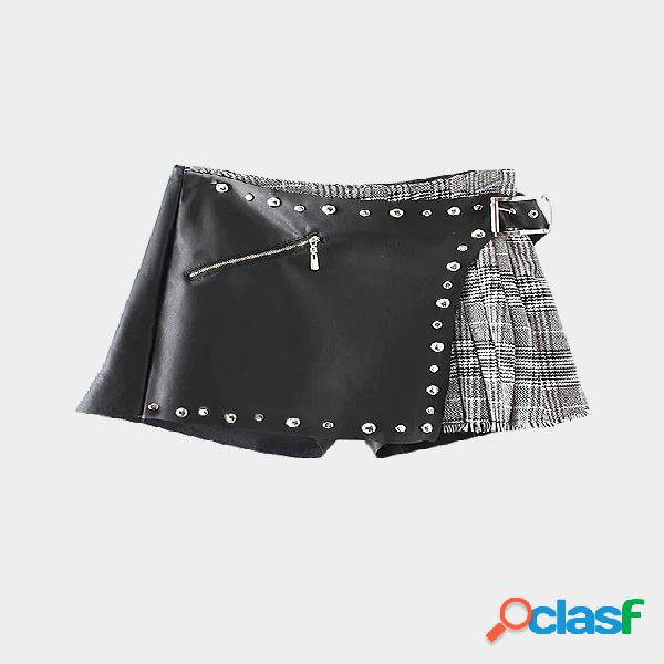 Fashion Black Zipper Design Rivets of Metal Skort