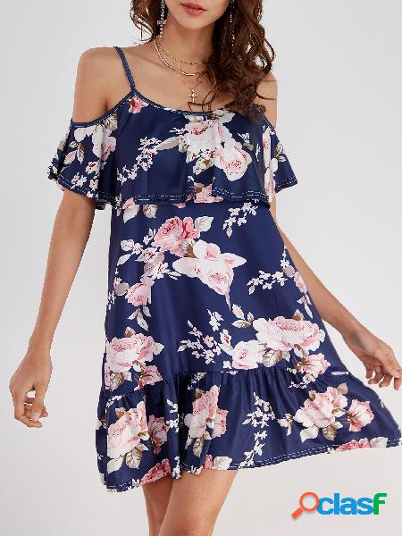 Floral Print Dress in Navy With Cold Shoulder Design