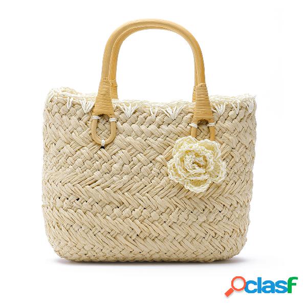 Flower Embellish Straw Handbag in Yellow