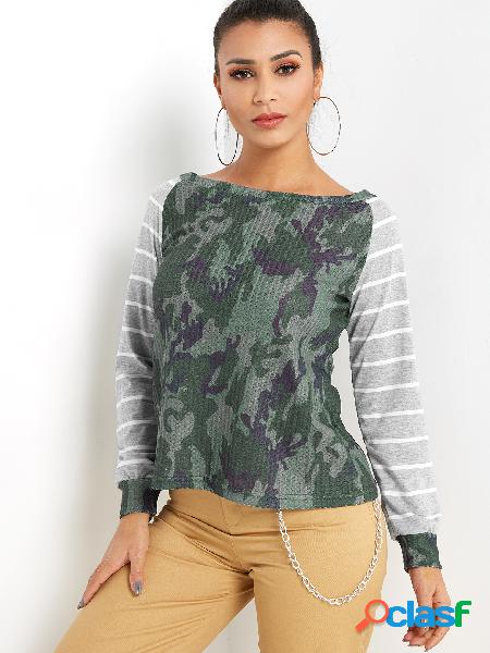 Green Camouflage One Shoulder Stripe Long Raglan Sleeves