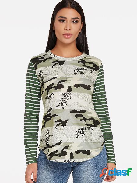 Green Camouflage Stripe Pattern Crew Neck Long Sleeves