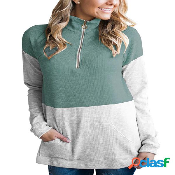 Green Color Block Pullover Long Sleeves Pocket Design