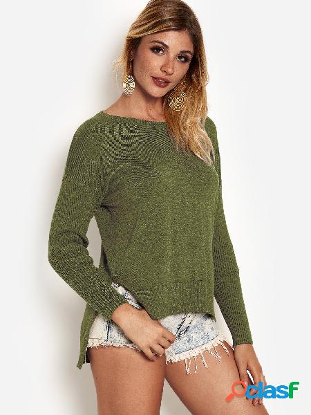 Green Cross Design Round Neck Long Sleeves Slit Sweater