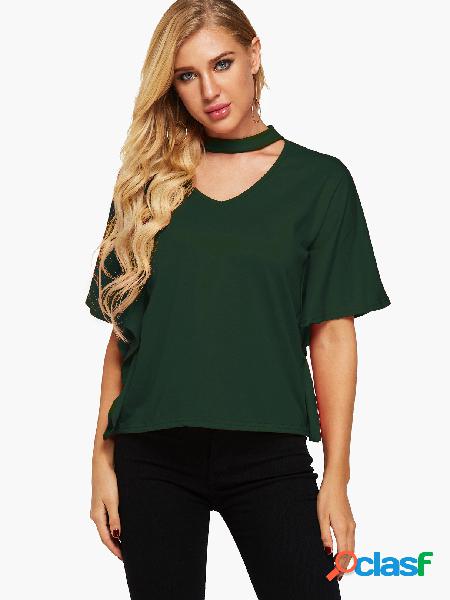 Green Cut Out Halter Half Sleeves Casual Top