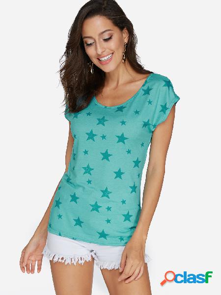 Green Floral Print Round Neck Cap Sleeves T-shirts