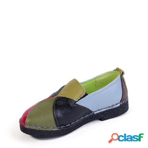Green Genuine Leather Color block Slip-on Loafers