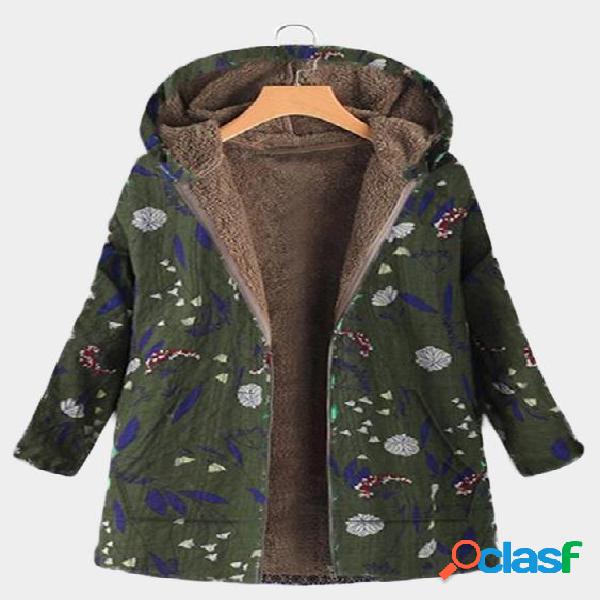 Green Hooded Design Floral Print Long Sleeves Fluffy Lining