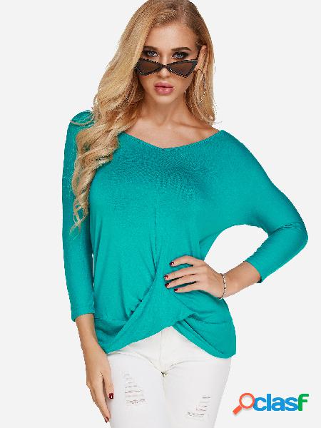 Green Pleated Design V-neck 3/4 Length Sleeves T-shirt