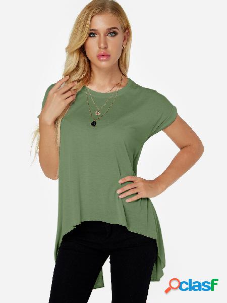 Green Slit Design Plain Crew Neck Short Sleeves High Low Hem