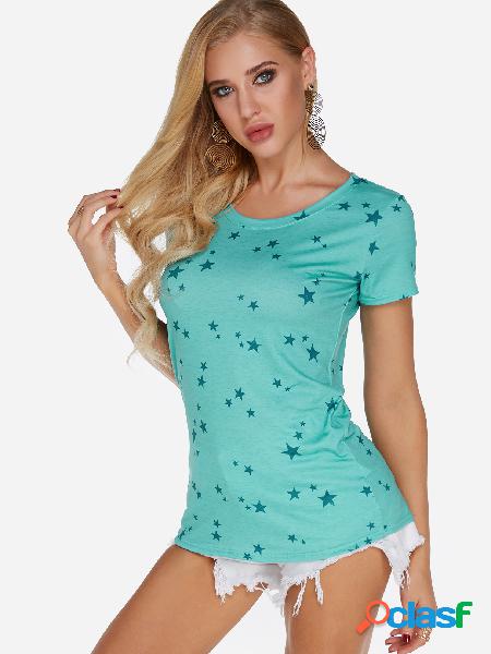 Green Star Round Neck Short Sleeves T-shirt