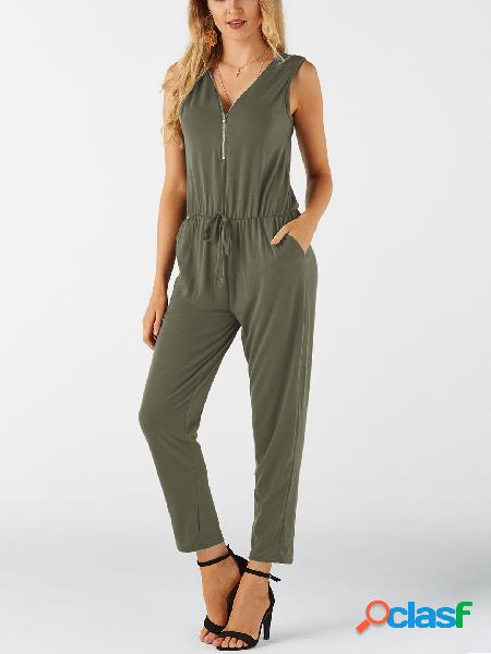 Green Zip Design V-neck Sleeveless Casual Jumpsuit