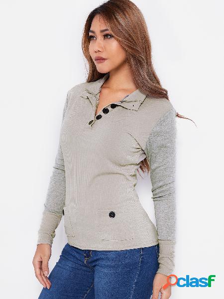 Grey Button Design Lapel Collar Long Sleeves T-shirt With