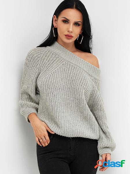 Grey Cable Knit Plain Off The Shoulder Long Sleeves Loose