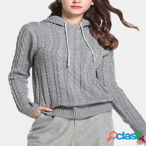 Grey Cable Knit Plain V-neck Long Sleeves Hooded Sweaters