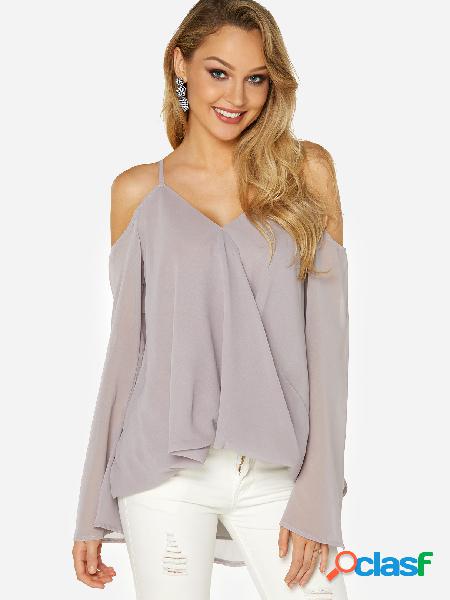 Grey Crossed Front Design Cold Shoulder Parially Lined Top